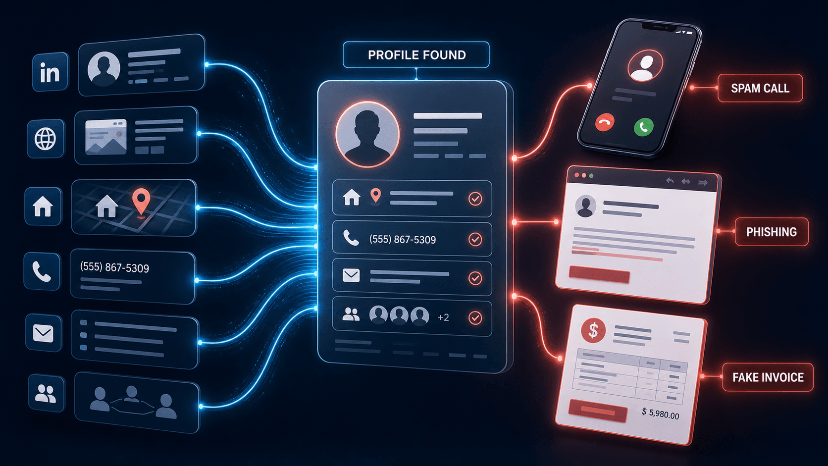 Public data sources feed a founder profile that leads to a spam call, phishing email, and fake invoice.